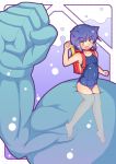  arcana_heart backpack bag bakuretsumomo barefoot blue_hair brown_eyes cat_ears clenched_hand clenched_hands daidouji_kira fist flat_chest one-piece_swimsuit randoseru school_swimsuit short_hair swimsuit 