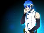  android bare_shoulders blue blue_eyes blue_hair detached_sleeves hand_on_headphones headphones kaito male open_mouth robot_joints short_hair vocaloid vocaloid_append wink 