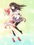  akemi_homura ayumi_(xiwu) black_hair eye_contact face-to-face face_to_face flying hair_ribbon hand_holding holding_hands kaname_madoka kneehighs long_hair looking_at_another mahou_shoujo_madoka_magica multiple_girls orange_eyes pantyhose pink_hair profile purple_eyes ribbon short_hair twintails violet_eyes water white_kneehighs white_legwear 