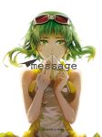  bad_id bare_shoulders goggles goggles_on_head green_eyes green_hair gumi headphones highres letter rahwia short_hair simple_background sleeveless solo vocaloid 