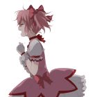  bow bubble_skirt choker closed_eyes eyes_closed gloves hair_bow kaname_madoka magical_girl mahou_shoujo_madoka_magica namori open_mouth pink_hair profile puffy_sleeves short_hair short_twintails simple_background skirt solo tears twintails 