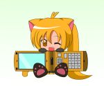  ahoge akita_neru animal_ears blonde_hair catgirl chibi fang nekomimi open_mouth phone side_ponytail sitting suzunonaruki tail vocaloid wink 