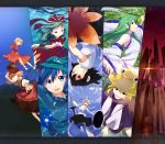  aki_minoriko aki_shizuha aqua_hair arm_ribbon bad_id basket black_hair blonde_hair blue_eyes blue_hair bow breasts column_lineup flying green_eyes green_hair hair_bow hair_ribbon hand_in_hair hand_on_hat hat highres inubashiri_momiji kagiyama_hina kawashiro_nitori kochiya_sanae letterboxed long_hair moriya_suwako mountain_of_faith multiple_girls object_on_head onbashira purple_eyes red_eyes ribbon shameimaru_aya shield shimenawa short_hair silhouette sky smile sword tokin_hat touhou ume_(plumblossom) underboob upside-down weapon yasaka_kanako yellow_eyes 