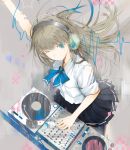  arm_up brown_hair digital_dissolve dj fuyuno_haruaki green_eyes headphones heart light_smile long_hair original outstretched_arm ribbon school_uniform sleeves_rolled_up solo waves wink 