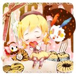  blush boots cake charlotte_(madoka_magica) chibi closed_eyes cupcake drill_hair eyes_closed food gift hat heart holding holding_gift knee_boots long_hair mahou_shoujo_madoka_magica skirt thigh-highs thighhighs tomoe_mami tottsuan twin_drills valentine witch's_labyrinth 