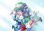  alan_key backpack bag blue_eyes blue_hair blush foreshortening hair_bobbles hair_ornament hair_over_one_eye hammer hand_on_hat hat highres kawashiro_nitori key lockpick open_mouth randoseru screwdriver short_hair smile solo touhou twintails wrench yuuji_(itadon) 