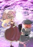  blonde_hair cherry_blossom cherry_blossoms choker dress elbow_gloves fan folding_fan garnet gloves hat long_hair multiple_girls paper_fan pink_hair red_eyes saigyouji_yuyuko short_hair touhou umbrella yakumo_yukari 