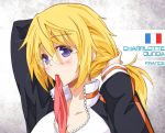  blonde_hair blue_eyes blush charlotte_dunois convexer_(102) glasses infinite_stratos mouth_hold raglan_sleeves solo track_jacket typo 