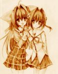  ahoge asakura_nemu asakura_otome asakura_yume bad_id bow da_capo_ii datougodees hair_bow hair_intakes highres monochrome multiple_girls school_uniform sepia sketch traditional_media 