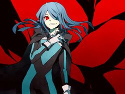  bodysuit cape dark_persona grin hair_over_one_eye inazuma_eleven inazuma_eleven_(series) kazemaru_ichirouta long_hair niconico-ito red_eyes smile 