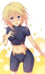  bike_shorts blonde_hair blush breasts charlotte_dunois impossible_clothes impossible_clothing impossible_shirt infinite_stratos long_hair midriff navel oukawa_yuu purple_eyes solo violet_eyes 