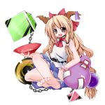  barefoot belt blonde_hair blush bow brown_eyes chain chains cube dress error feet gourd hair_bow highres horns ibuki_suika kiki_(koikuchikinako) long_hair pyramid pyramid_(geometry) ribbon sakazuki sleeveless smile soles solo sphere toes touhou very_long_hair 