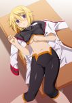  blonde_hair blush bodysuit charlotte_dunois infinite_stratos leggings long_hair lying mattaku_mosuke midriff navel open_mouth pilot_suit purple_eyes shiny shiny_clothes shirt_lift solo spandex table tight violet_eyes 