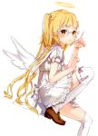  blonde_hair blush flat_chest glasses halo loafers long_hair minidress original shoes short_twintails simple_background sitting solo thigh-highs thighhighs twintails very_long_hair white_legwear white_thighhighs wings yellow_eyes 