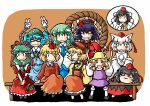  aki_minoriko aki_shizuha bench blush chibi closed_eyes everyone eyes_closed ginrin goggles grin group_picture highres inubashiri_momiji kagiyama_hina kawashiro_nitori kimeemaru kochiya_sanae moriya_suwako mountain_of_faith multiple_girls not_present photo_insert robotic_arms shameimaru_aya sitting smile teeth touhou v yasaka_kanako yukkuri_shiteitte_ne 