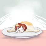  brown_hair chibi egg female_protagonist_(persona_3) food girl_in_food girl_on_a_plate hair_ornament ichimatsu_shiro in_food minigirl open_mouth persona persona_3 persona_3_portable pun smile sunny_side_up_egg |_| 