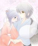  adult blue_eyes blush flower glasses hair_flower hair_ornament hand_holding hitodama holding_hands japanese_clothes jewelry kimono ko_torii konpaku_youmu konpaku_youmu_(ghost) light_smile morichika_rinnosuke myon ring short_hair silver_hair touhou yellow_eyes 