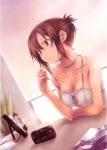  bare_shoulders brown_eyes brown_hair camera cat collarbone copyright_request face hands highres hologram jpeg_artifacts nanakusa scan solo strap_slip 