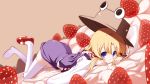  blonde blonde_hair blue_eyes blush food fruit girl_in_food hat in_food lying mary_janes minigirl moriya_suwako on_stomach rondo_umigame shoes short_hair solo strawberry thigh-highs thighhighs top-down_bottom-up touhou wavy_mouth white_legwear white_thighhighs 