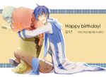  ahoge blue_hair closed_eyes coat happy happy_birthday hug ice_cream kaito lace male midriff open_mouth plush scarf sitting smile solo vocaloid 