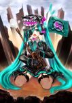  aqua_eyes aqua_hair daishou eyepatch hatsune_miku headphones long_hair necktie solo thigh-highs thighhighs twintails very_long_hair vocaloid 