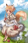  apple braid brown_eyes capelet cloud clouds food fox_ears fox_tail fruit holding holding_apple holding_fruit okishi_jien open_mouth orange_hair original sandals single_braid sitting sky solo tail 