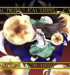  absurdres arm_cannon black_hair bow cape foreshortening hair_bow highres kazami_chiu long_hair open_mouth red_eyes reiuji_utsuho solo thighhighs third_eye touhou weapon wings 