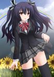  1girl :p black_hair black_legwear choujigen_game_neptune choujigen_game_neptune_mk2 flower highres kazenokaze legs plaid plaid_skirt rainbow red_eyes school_uniform skirt skirt_lift sunflower tagme thigh-highs tongue uni_(choujigen_game_neptune) zettai_ryouiki 