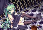  bare_back candy checkerboard_cookie cookie detached_sleeves dress food garter_straps green_eyes green_hair hair_ornament hat hatsune_miku headset highres licking lollipop long_hair mini_top_hat nail_polish nanahosi_seiiki shoes sitting thigh-highs thighhighs tongue top_hat twintails very_long_hair vocaloid 