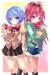  bad_id blue_eyes blue_hair food fruit holding holding_apple holding_fruit kosuzume long_hair mahou_shoujo_madoka_magica miki_sayaka ponytail red_eyes red_hair redhead sakura_kyouko short_hair 