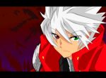  blazblue close-up heterochromia jacket panty_&amp;_stocking_with_garterbelt parody portrait ragna_the_bloodedge serious solo spiked_hair spiky_hair style_parody white_hair 