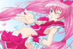  blue_eyes cure_melody foreshortening highres houjou_hibiki kiss long_hair magical_girl midriff navel pink_hair precure solo suite_precure takayama_chihiro twintails wink 