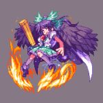  arm_cannon black_hair black_wings bow cape duplicate feathers fire grin hair_bow hair_ornament kneehighs knees_together_feet_apart kou_2008 looking_at_viewer lowres miniskirt pixel_art red_eyes reiuji_utsuho simple_background skirt smile solo touhou weapon wings 