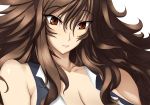  bare_shoulders big_hair breasts brown_eyes brown_hair cleavage collarbone gundam gundam_00 lips long_hair simple_background solo sumeragi_lee_noriega tsukasawa_takamatsu tsukazawa wavy_hair 