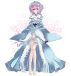  absurdres bare_legs barefoot breasts choker feet frills ghost hat highres japanese_clothes leg_garter pink_eyes pink_hair saigyouji_yuyuko shinoi simple_background solo touhou 