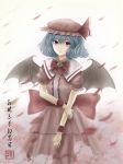  bat_wings blue_hair brooch dress hat highres jewelry red_eyes remilia_scarlet short_hair solo thanatosanubis touhou wings 