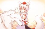  1girl adolsunny animal_ears blue_eyes bust detached_sleeves hat inubashiri_momiji leaf maple_leaf red_eyes short_hair solo tail tokin_hat touhou white_hair wolf wolf_ears wolf_tail 