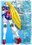  ass blonde_hair g_gundam gundam hand_on_hips high_heels highres long_hair mecha nobel_gundam ribbon shoes zoom_layer 