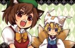  2girls animal_ears blonde_hair blue_eyes brown_hair bust cat_ears chen doily fangs fox_tail hands_in_sleeves hat multiple_girls multiple_tails open_mouth red_eyes sasara_housara short_hair tail touhou yakumo_ran 