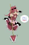  black_thighhighs boots bow brown_eyes chibi detached_sleeves fang flat_chest hair_bow honky magical_girl mahou_shoujo_madoka_magica miki_sayaka pocky polearm ponytail red_hair redhead sakura_kyouko skirt spear spread_legs thigh-highs thighhighs weapon 