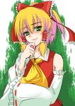  ascot aura bare_shoulders blonde_hair bow chin_rest cosplay detached_sleeves green_eyes hair_bow hair_tubes hakurei_reimu hakurei_reimu_(cosplay) hoshirou miko mizuhashi_parsee open_mouth pointy_ears short_hair smile solo touhou 