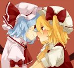  ascot bad_id blonde_hair blue_hair blush brooch bust eye_contact face face-to-face face_to_face flandre_scarlet grin hat highres incest jewelry looking_at_another multiple_girls neckerchief profile red_eyes remilia_scarlet short_hair siblings sisters smile tongue touhou tyaka yuri 