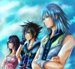  brown_hair fingerless_gloves gloves green_eyes hiered hirao_(hiered) jewelry kairi kingdom_hearts long_hair necklace red_hair redhead riku silver_hair sora_(kingdom_hearts) 