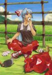  bamboo_fence bow contemporary eating fence food fujiwara_no_mokou gloves hair_bow hoe indian_style long_hair onigiri outdoors pants red_eyes riceball shoes silver_hair sitting sneakers solo tooku_nomura_(artist) touhou worktool 