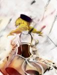  bad_id beret blonde_hair collie detached_sleeves drill_hair fingerless_gloves from_behind gloves gun hat looking_back magical_girl magical_musket mahou_shoujo_madoka_magica pleated_skirt puffy_sleeves rifle skirt solo tomoe_mami weapon yellow_eyes 