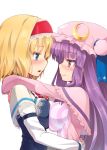 alice_margatroid blonde_hair blue_eyes blush breast_press breasts bust capelet colored_eyelashes crescent eye_contact eyelashes hairband hat homura_subaru hug impossible_clothes impossible_clothing impossible_shirt lace large_breasts long_hair looking_at_another multiple_girls patchouli_knowledge purple_eyes purple_hair saliva saliva_trail shirt short_hair simple_background striped symmetrical_docking touhou violet_eyes yuri 