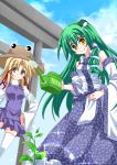  2girls blonde_hair blue_eyes detached_sleeves fuji_tooya green_hair hair_tubes hand_on_hip kochiya_sanae long_hair moriya_suwako multiple_girls rainbow shared_bathing third_eye touhou watering watering_can white_legwear yellow_eyes 