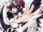  bad_id black_hair black_wings breasts hands hat open_mouth outstretched_arms outstretched_hand red_eyes shameimaru_aya short_hair smile solo spread_arms takatsuki_ichi tokin_hat touhou wings 
