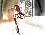  akemi_homura black_hair boots city from_behind hairband holding_another's_tail kyubey kyuubee long_hair looking_back magical_girl mahou_shoujo_madoka_magica pantyhose purple_eyes reri ruins school_uniform solo sun sunset tail tail_grab walking 