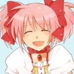  ^_^ bow choker closed_eyes eyes_closed face gem hair_bow jewelry kaname_madoka magical_girl mahou_shoujo_madoka_magica pendant pink_hair puffy_sleeves short_twintails simple_background smile solo sooya soya sparkle twintails 